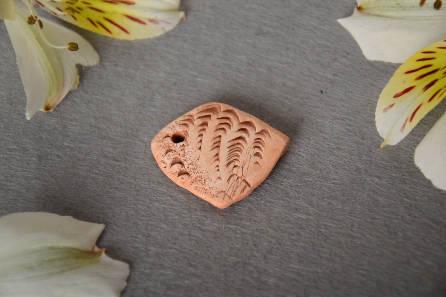 Small flat craft blank hand made of pottery clay for pendant necklace creation photo 1