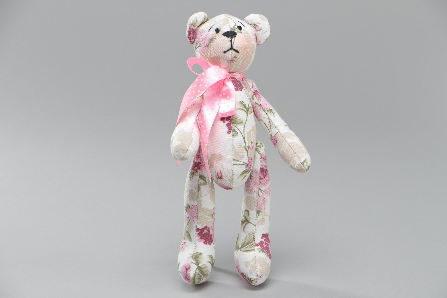 Handmade soft toy bear sewn of cotton fabric with light floral print photo 2