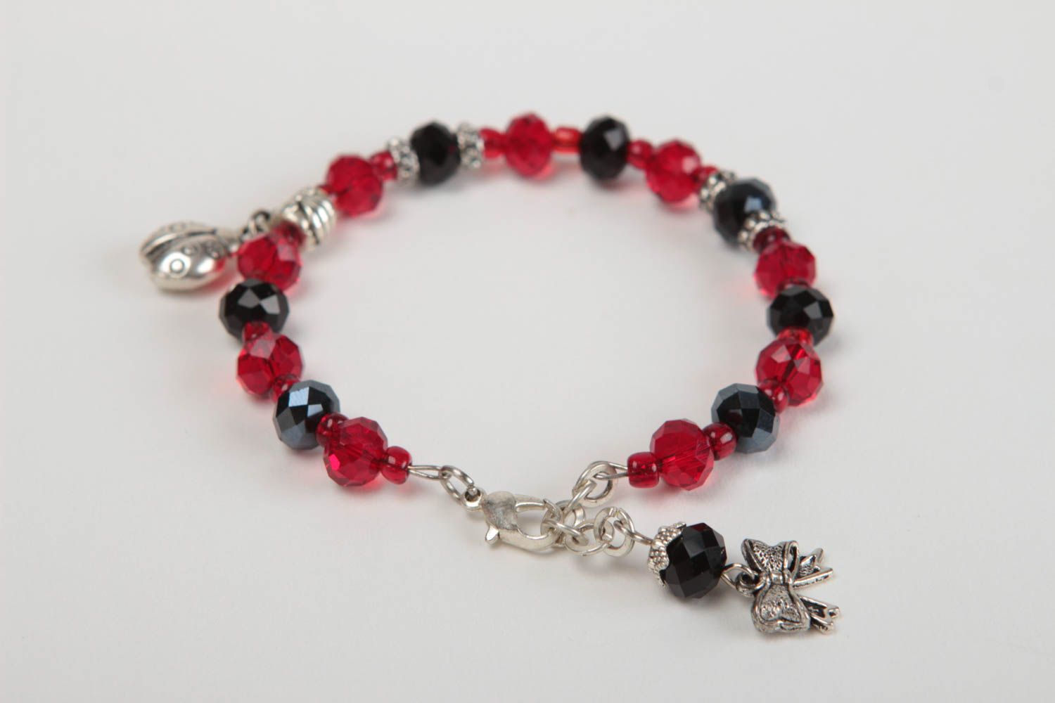 Dark red and black beads bracelet with silver ladybug charm for girls photo 4