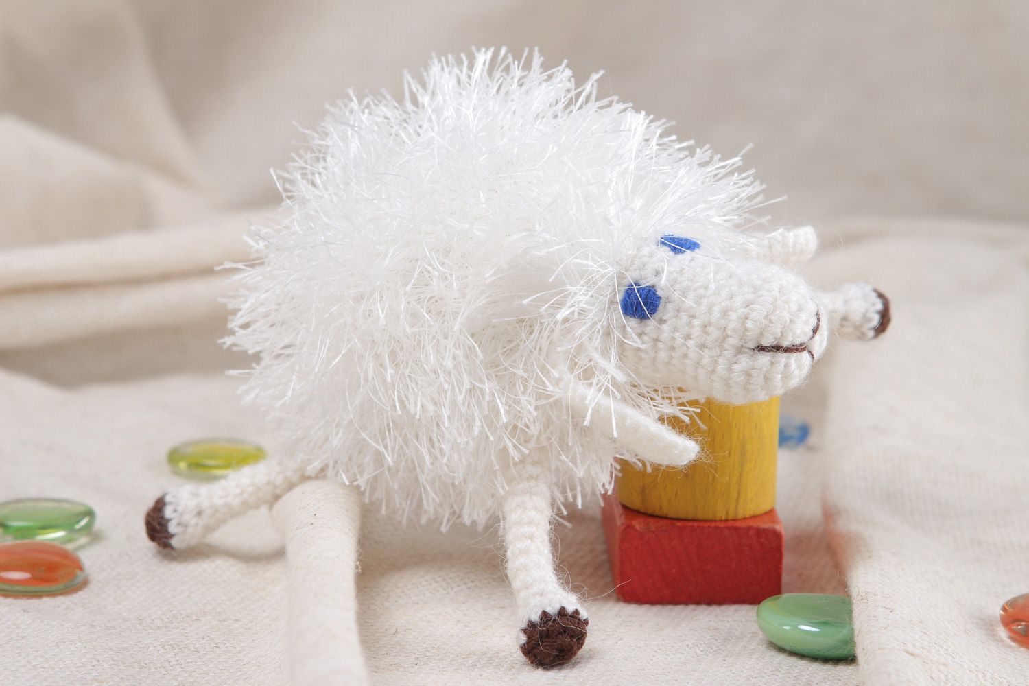 Handmade fluffy soft toy crocheted of woolen yarns white lamb for children photo 5