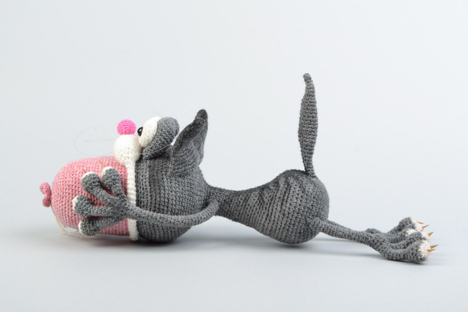 Handmade crocheted soft toy funny grey cat with sausage for children photo 4