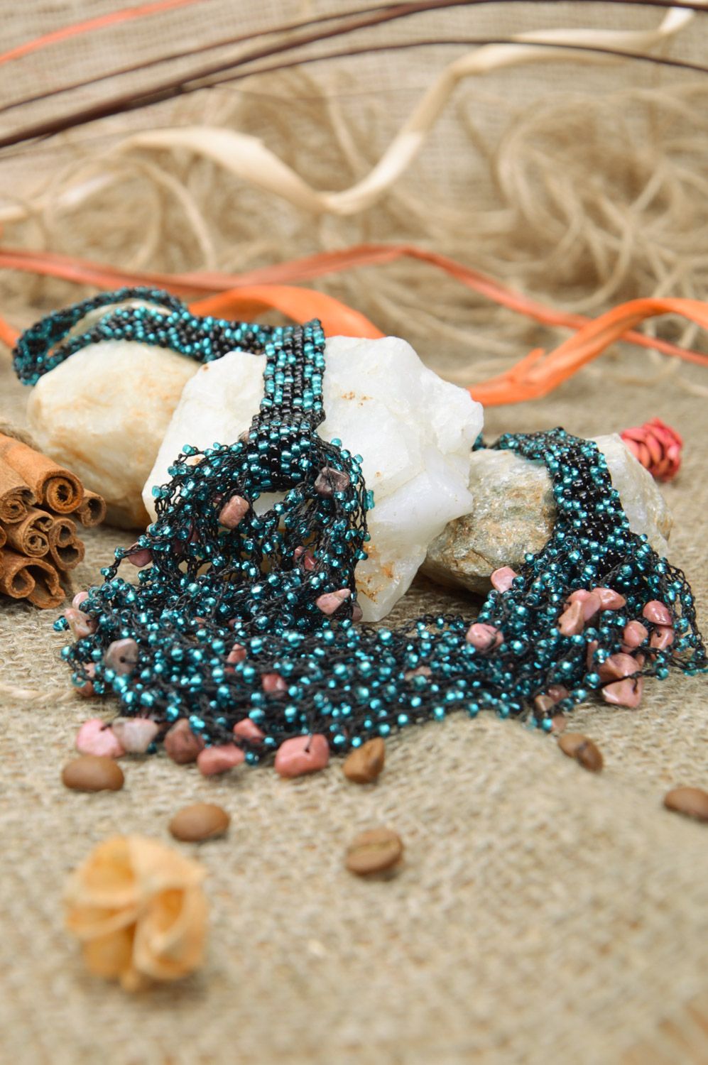 Festive multi-row black necklace woven of Czech and coral beads photo 3