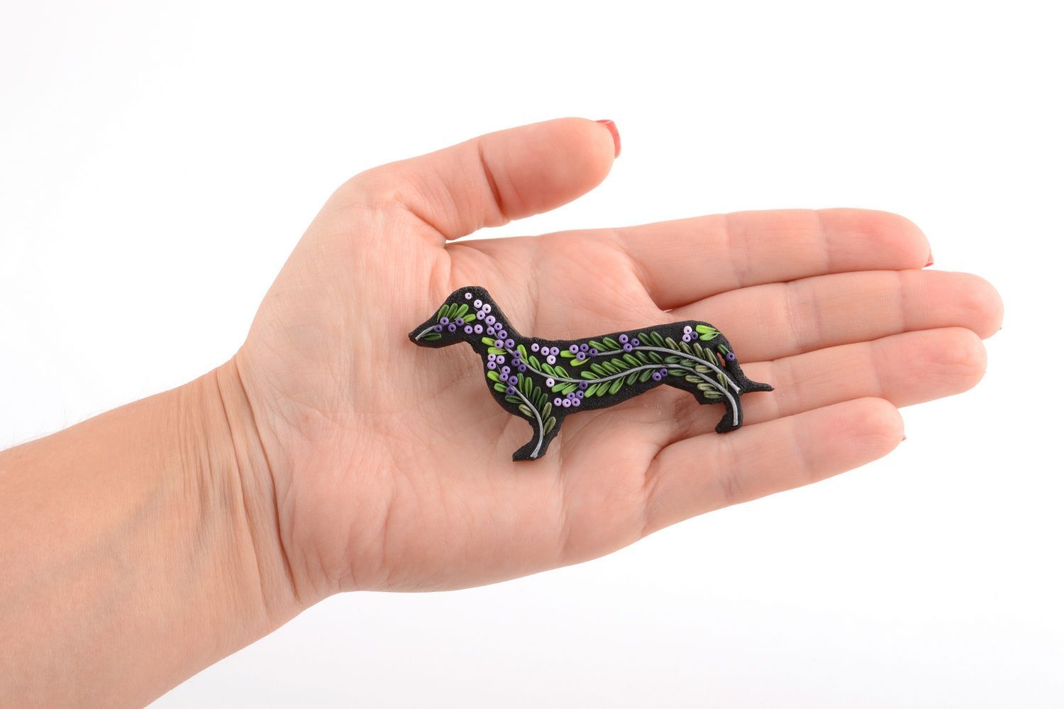 Handmade cute black brooch dachshund made of polymer clay with flowers photo 5