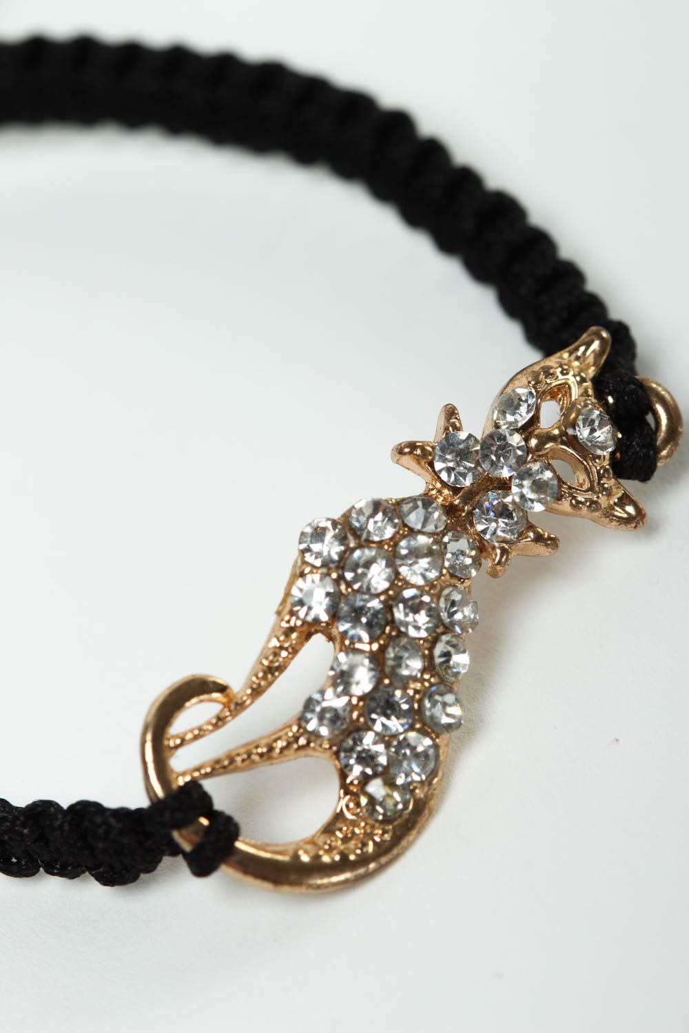 Bracelet textile noir Bijou fait main chat en métal Accessoire femme original photo 3