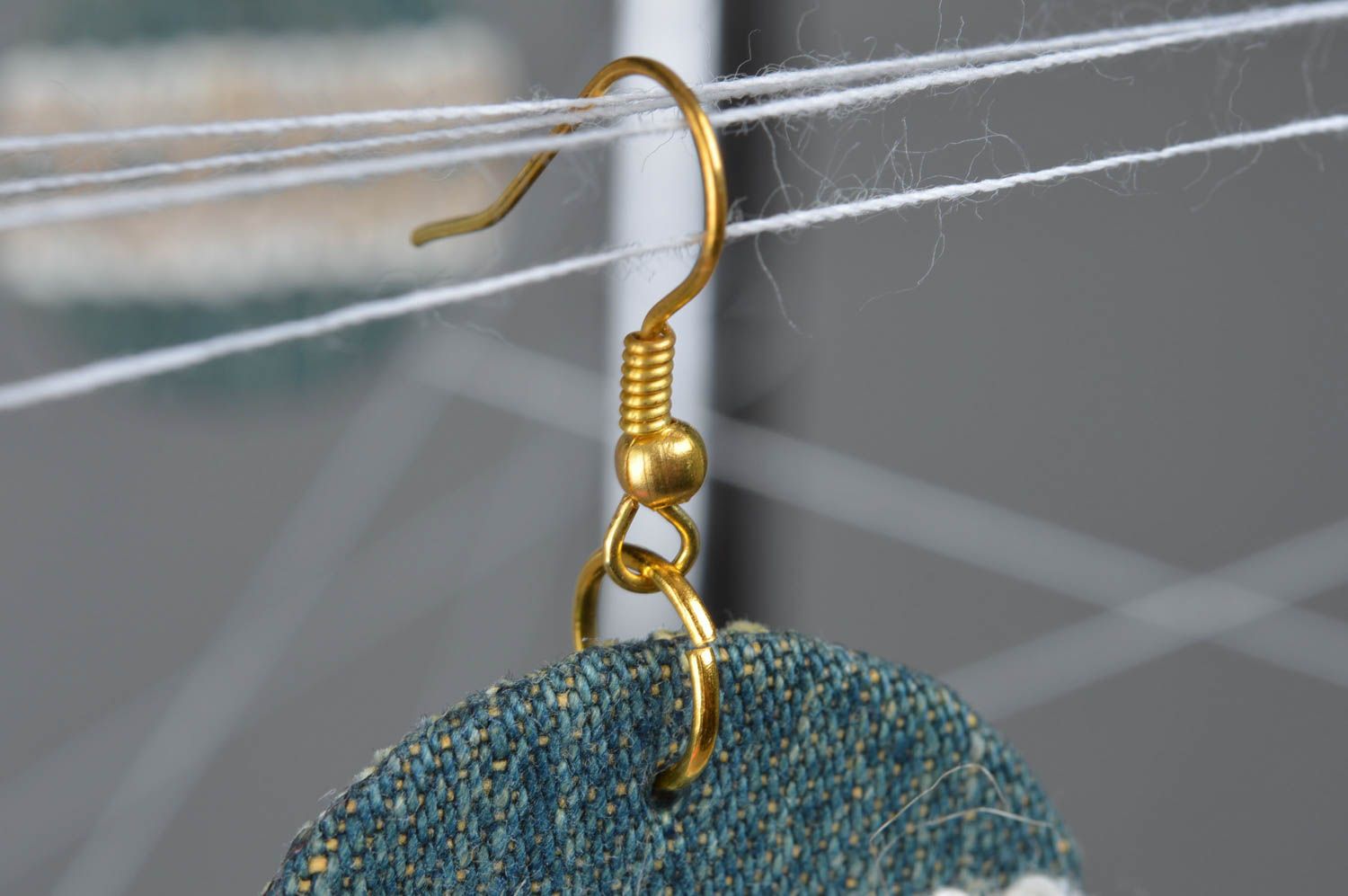 Unusual handmade denim fabric round earrings of small size photo 2