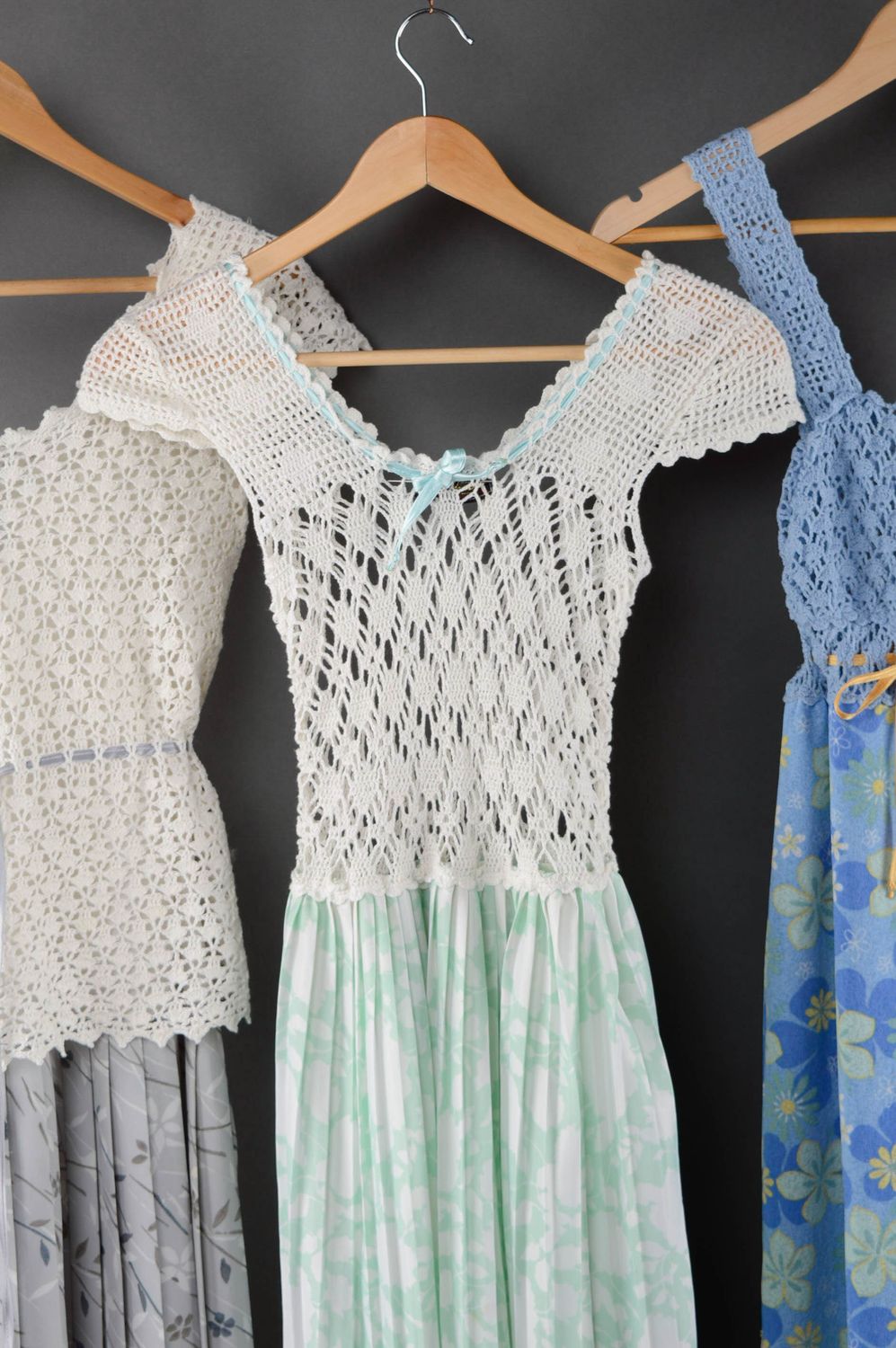 Handmade long crochet dress made of cotton and synthetic fabric of light color photo 5