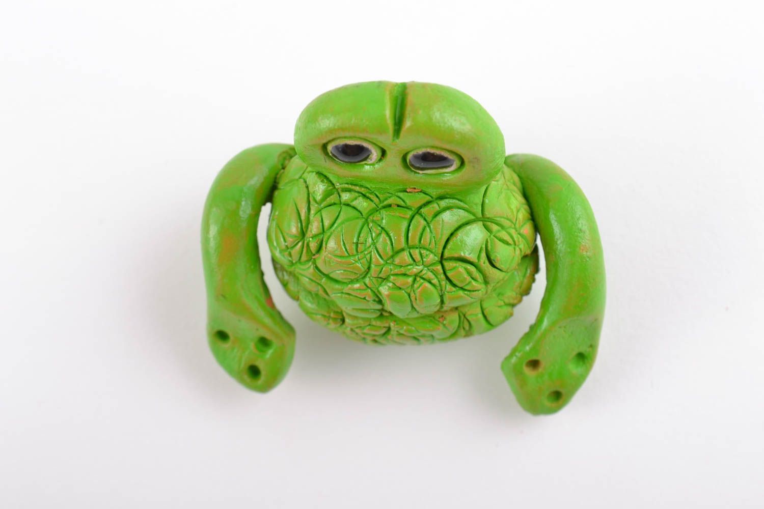Handmade small primitive ceramic statuette painted with acrylics green frog photo 3