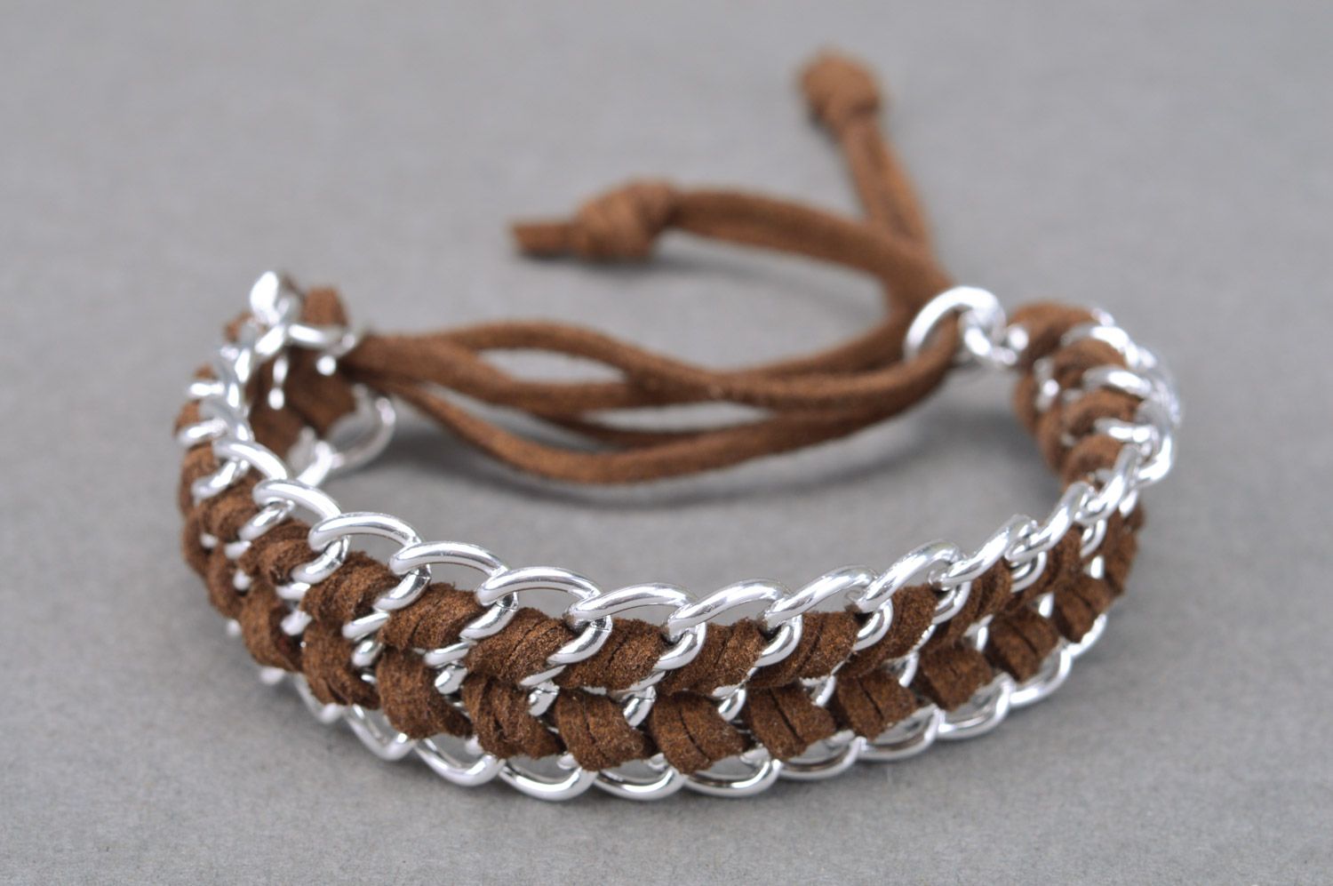 Handmade brown woven genuine leather wrist bracelet with metal chain photo 2