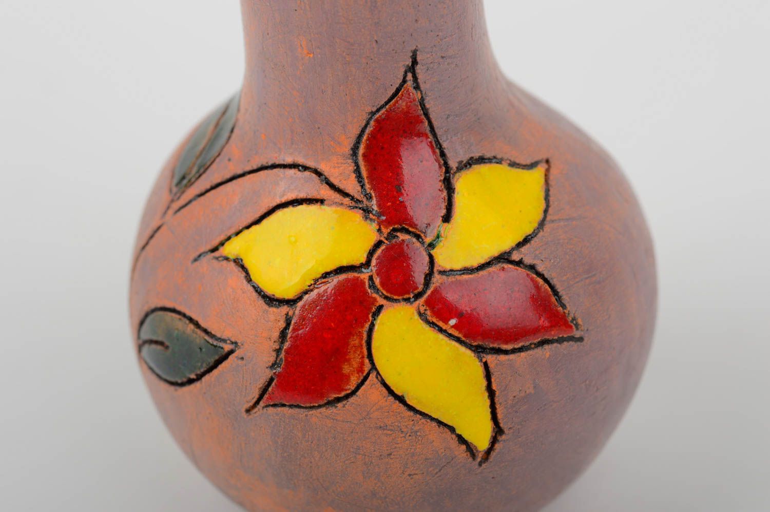 Handmade little 5 inches clay hand-painted with floral design flower vase 0,28 lb photo 5