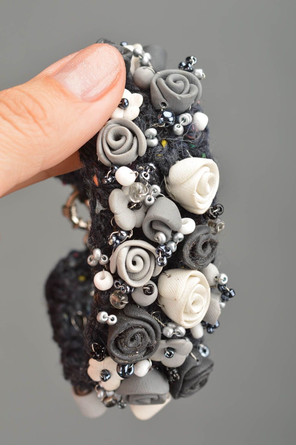 Handmade bracelet based on fabric decorated with gray roses made of polymer clay photo 5
