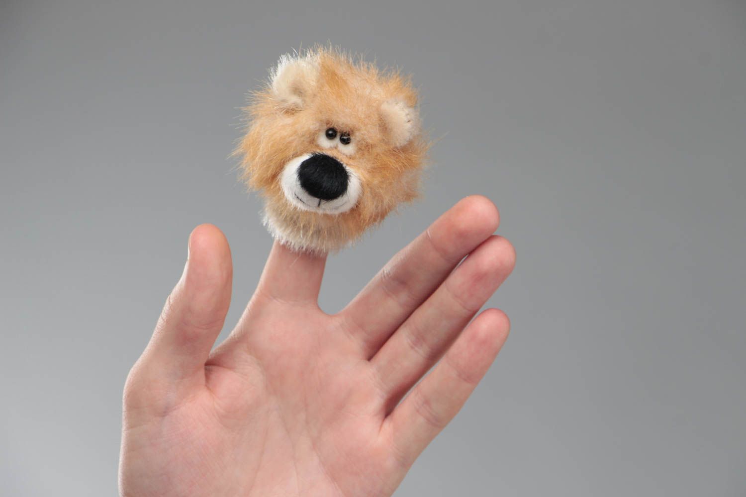 Handmade designer small faux fur soft toy animal finger puppet cute lion photo 5