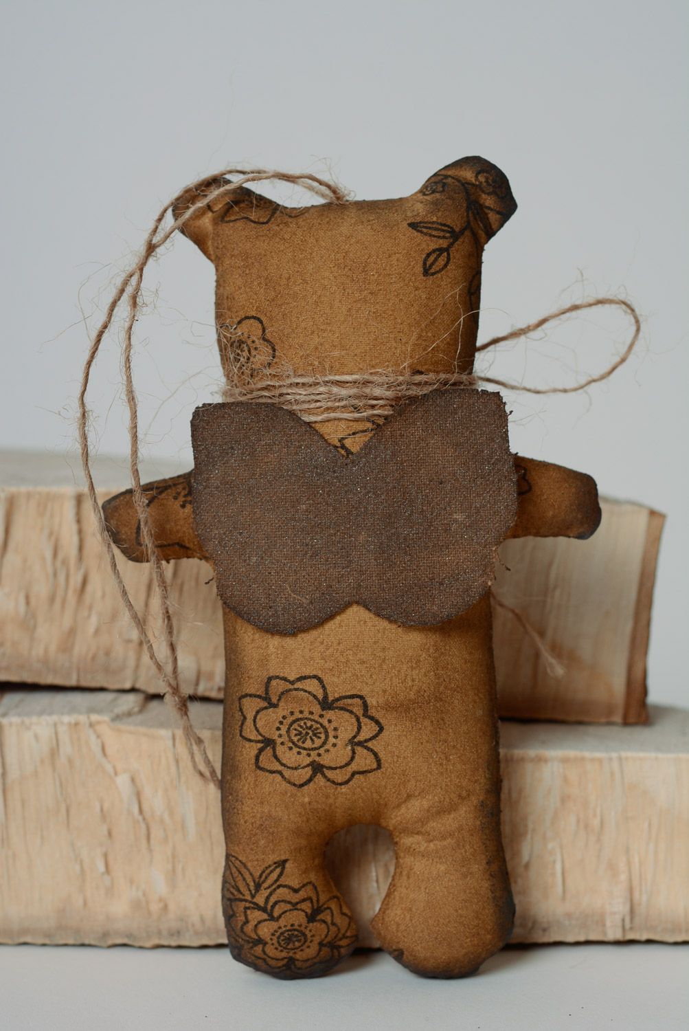 Handmade designer soft toy painted and soaked with coffee interior decor Bear photo 4