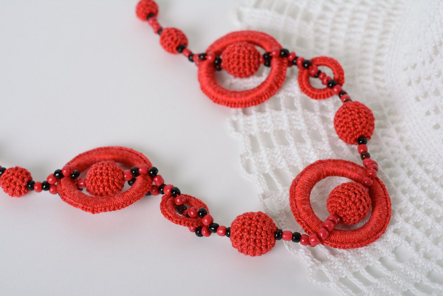 Festive handmade necklace crocheted of red cotton threads for women photo 2