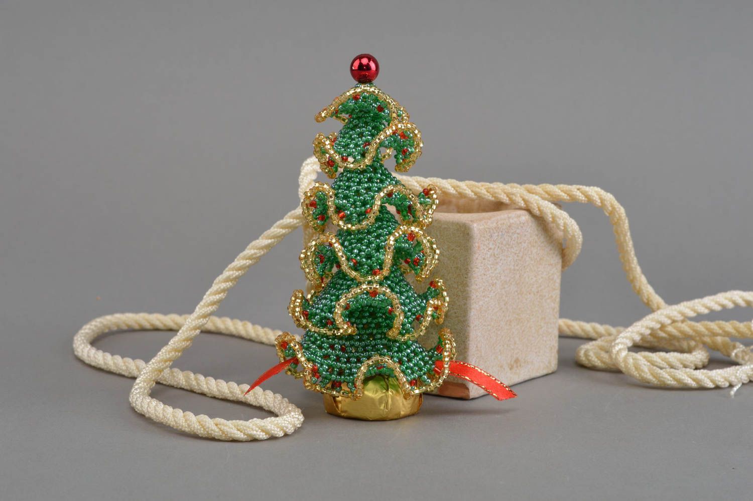 Unusual handmade woven bead statuette of green Christmas tree designer decor photo 1