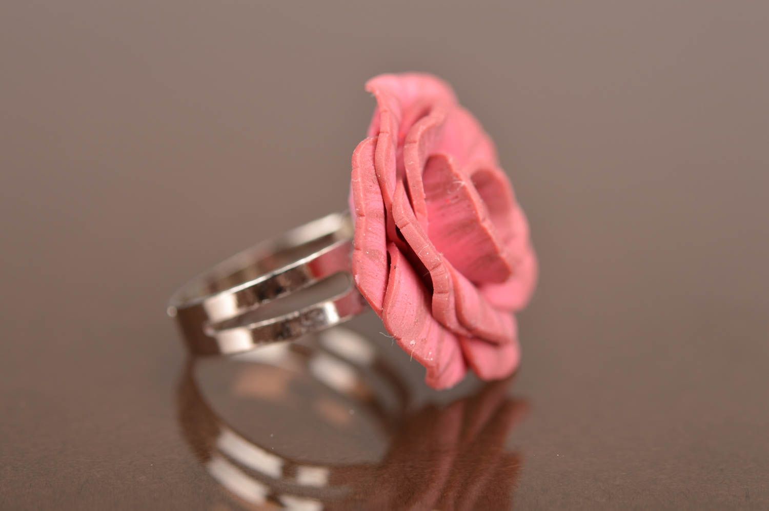 Festive cute handmade beautiful ring made of polymer clay in shape of rose photo 3