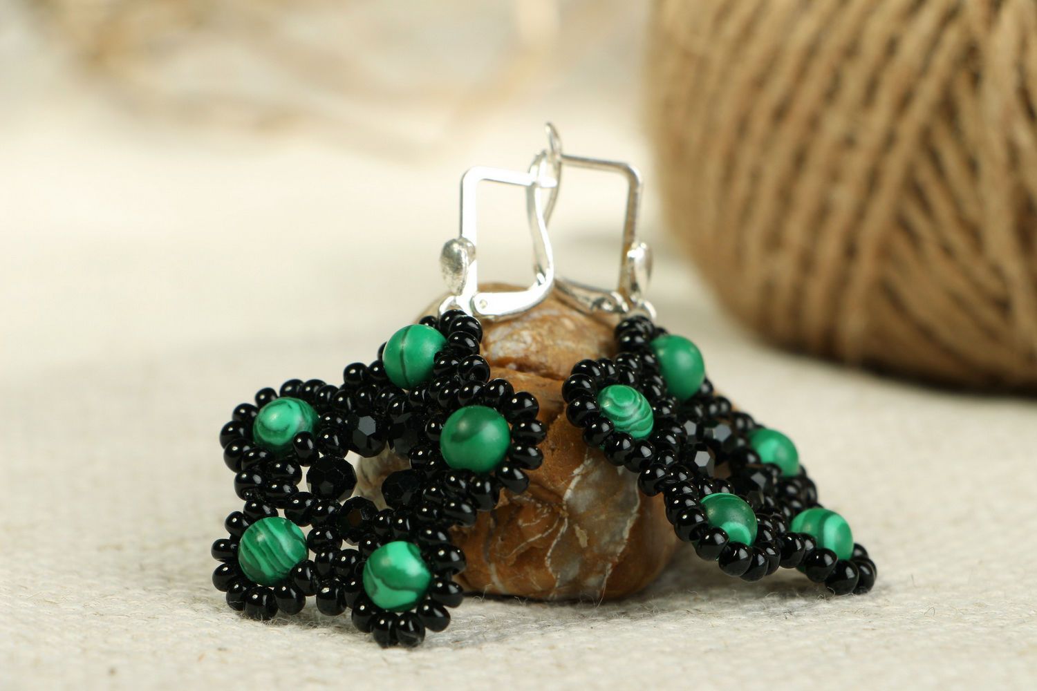 Earrings made of Czech beads and malachite photo 3