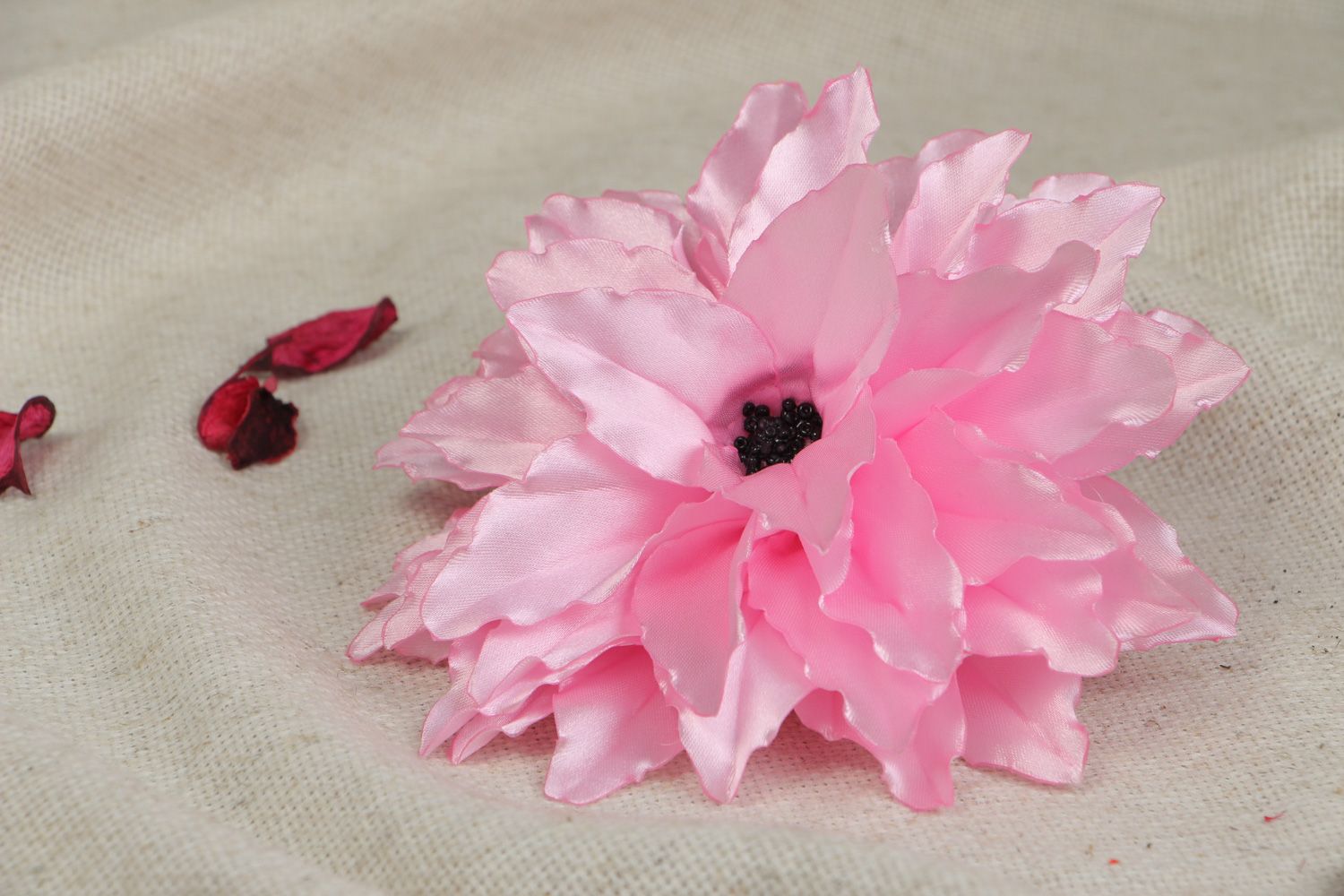 Large handmade hair clip made of satin fabric in the shape of pink flower photo 5