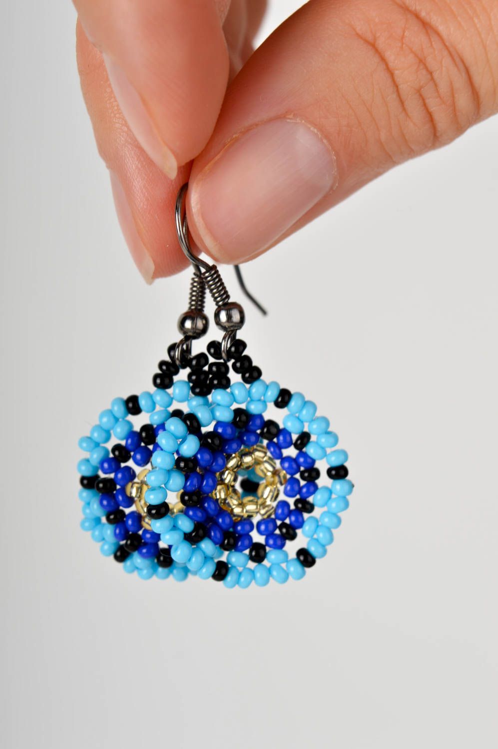 Handmade unusual earrings beaded round earrings blue accessory gift for her photo 5