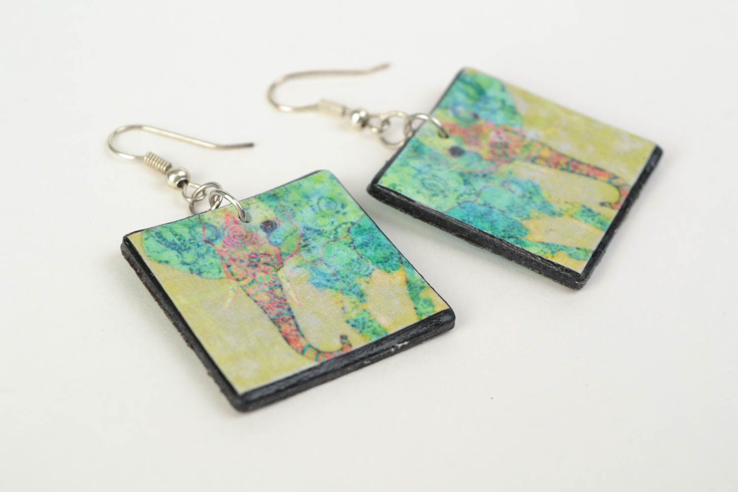 Beautiful bright designer handmade plastic square earrings with decoupage Gardens photo 5