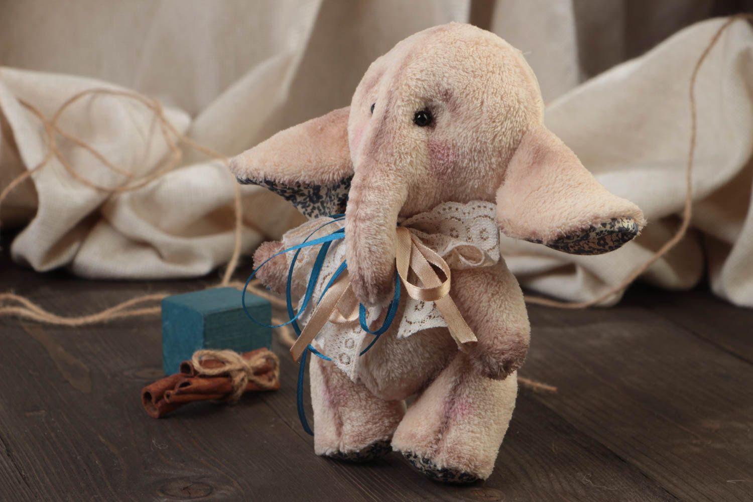 Handmade designer soft toy sewn of viscose fabric beige elephant for kids photo 1