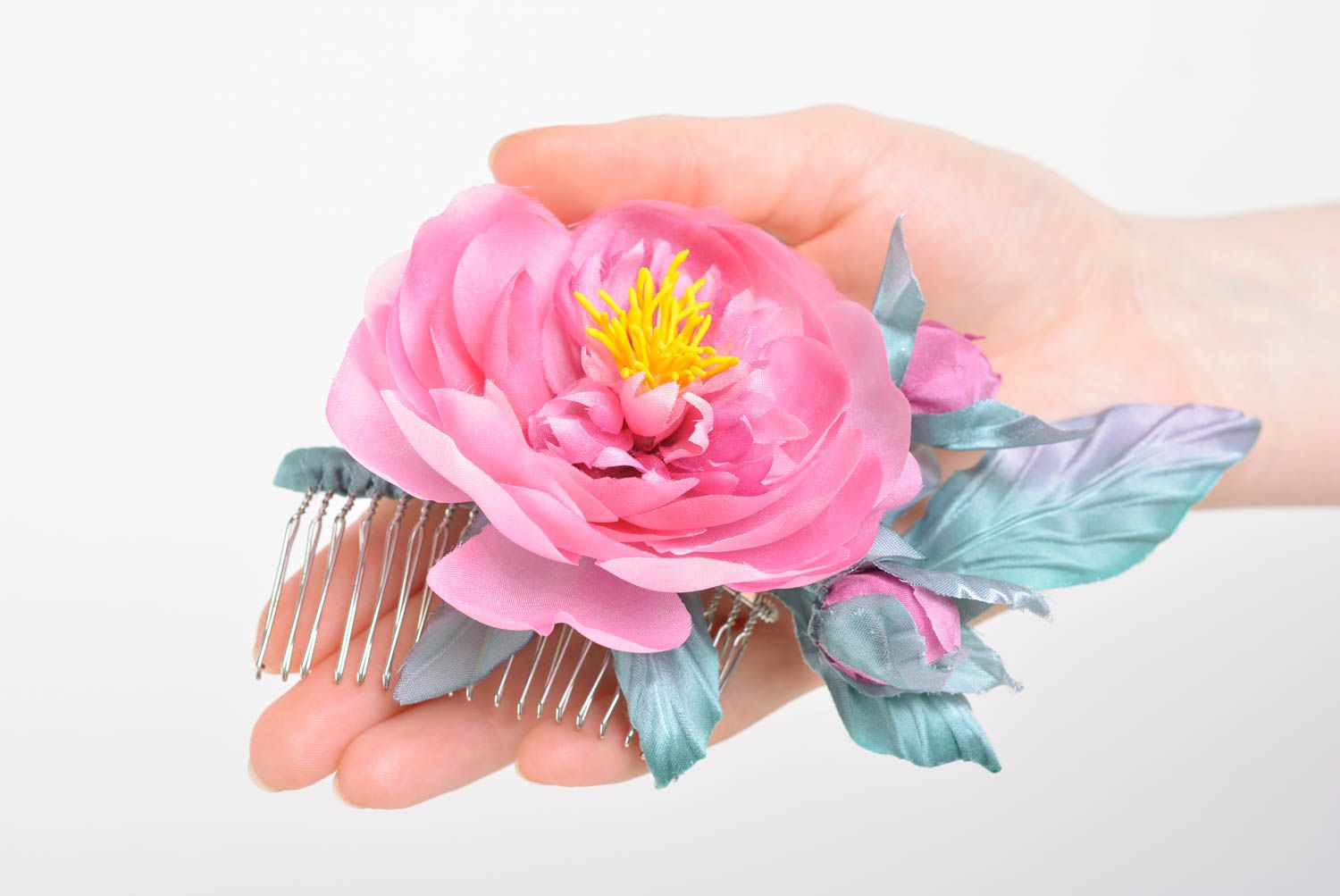 Peineta de metal para el pelo con flor de seda artesanal adorno para peinado foto 5