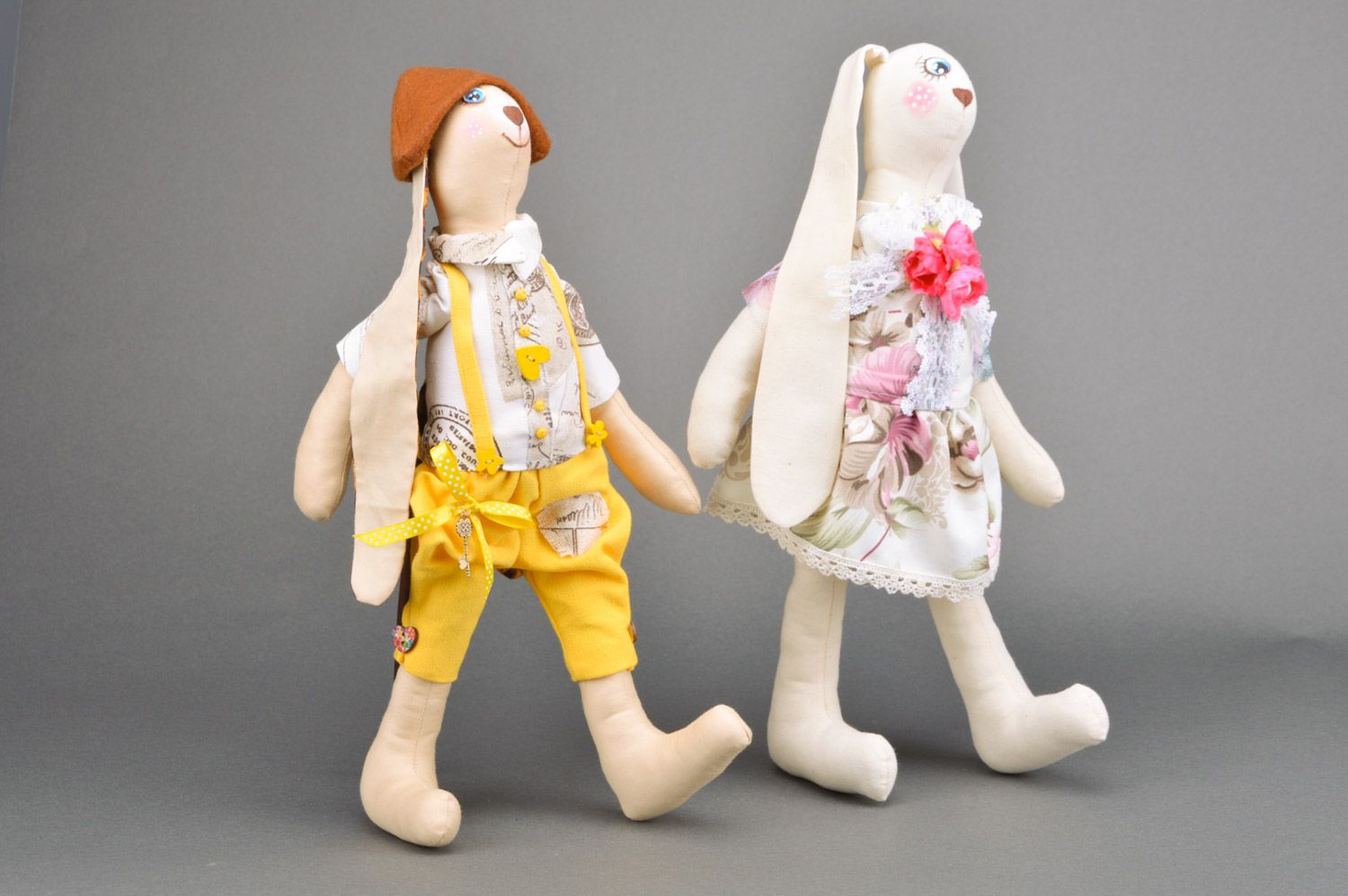 Handmade designer soft toys girl and boy rabbits sewn of tapestry fabric 2 items photo 3
