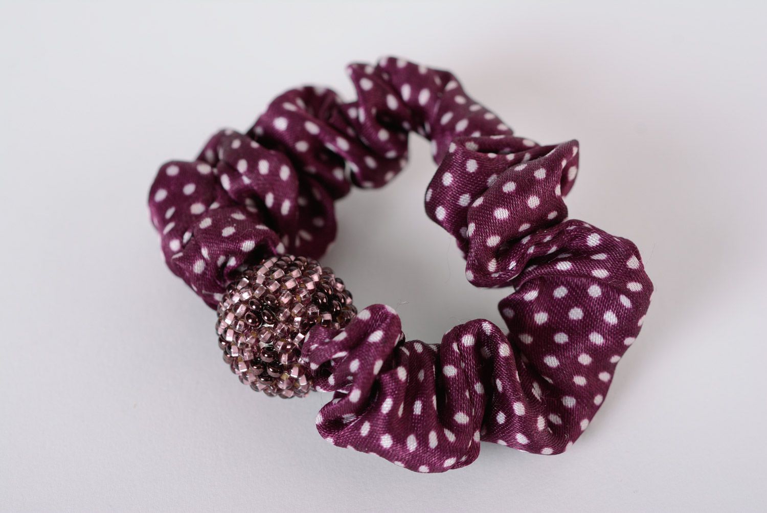 Beautiful handmade polka dot satin fabric hair tie with beads photo 1