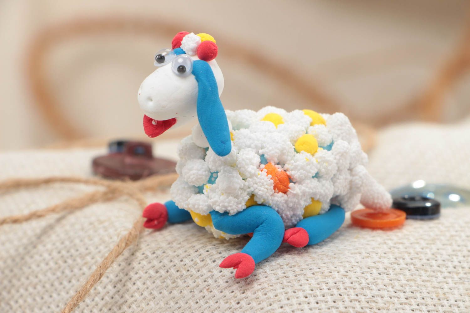 Miniature funny handmade molded polymer clay statuette of sheep photo 1