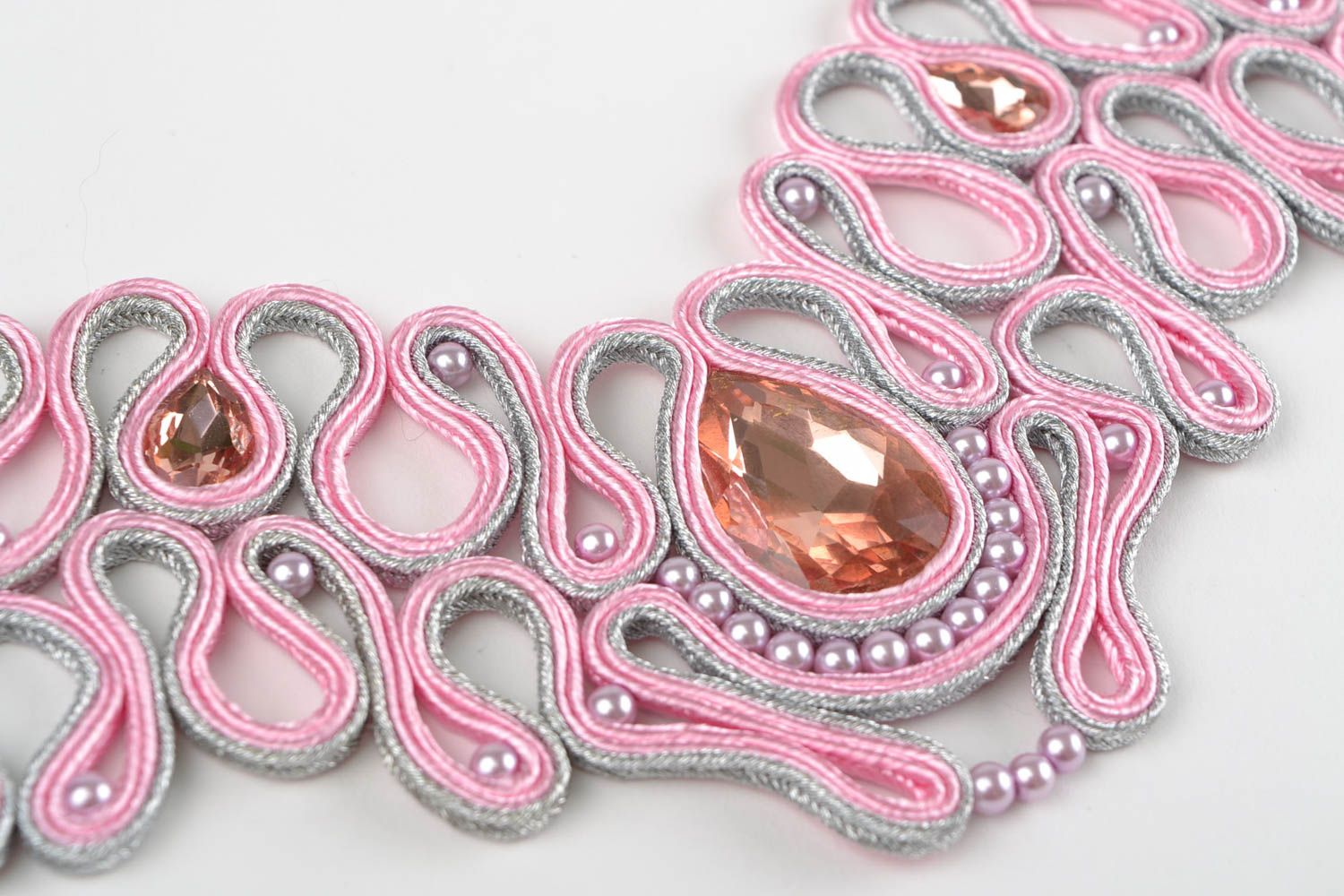 Soutache necklace with rivoli beads handmade pink beautiful accessory East  photo 3