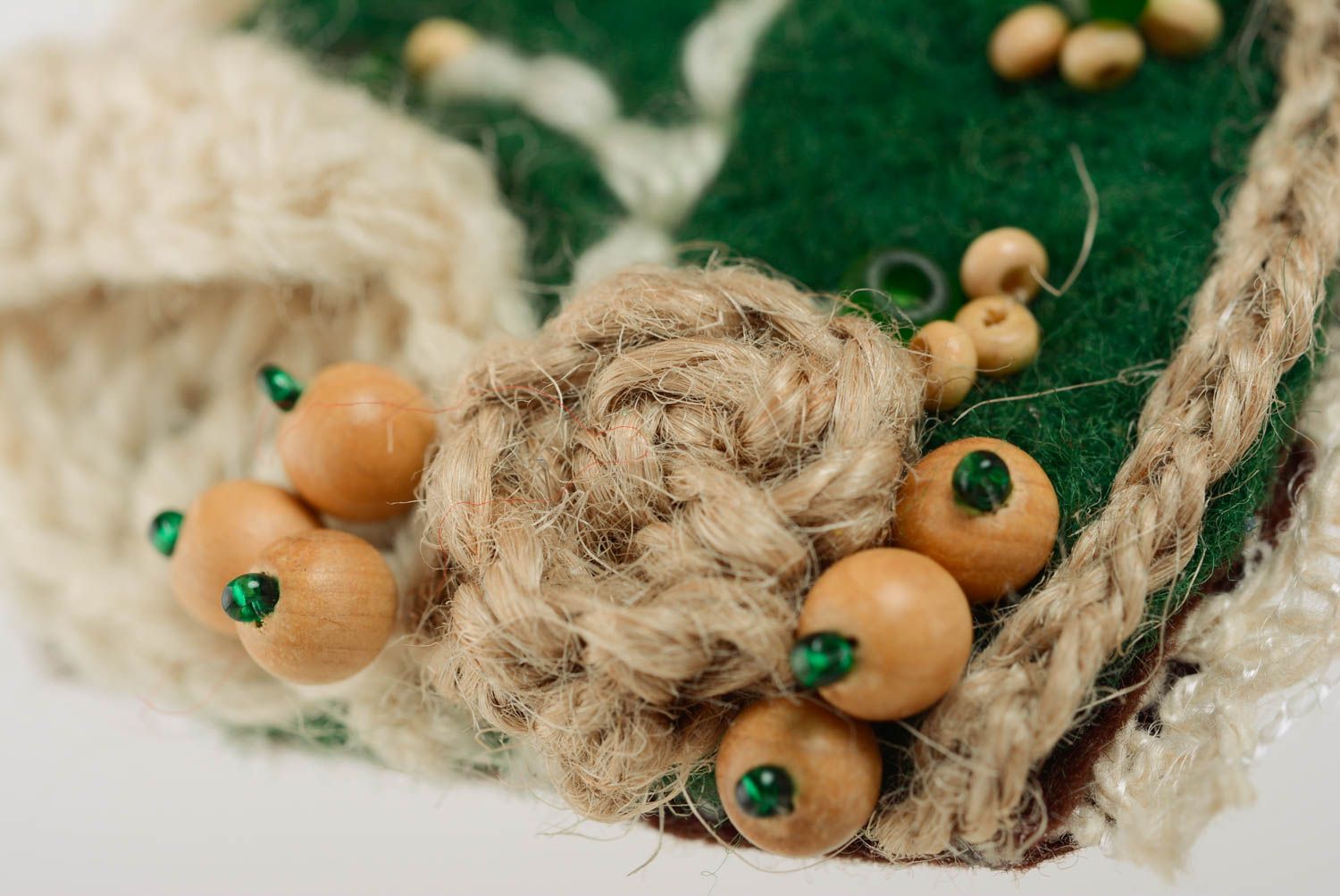 Handmade designer green and beige crochet brooch with felted wool and beads  photo 5