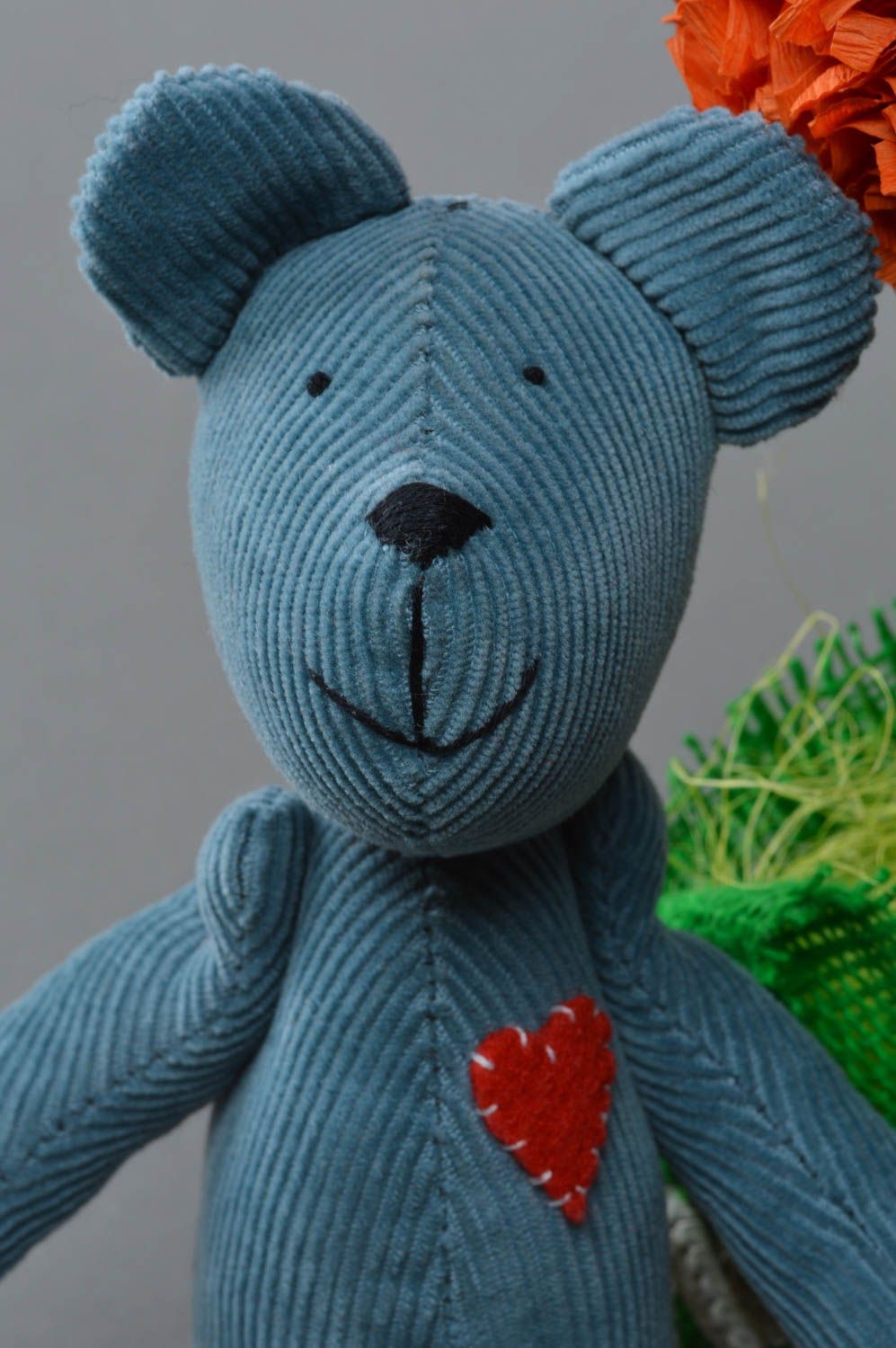 Handmade fabric soft toy blue bear with movable paws and red heart for kids  photo 3