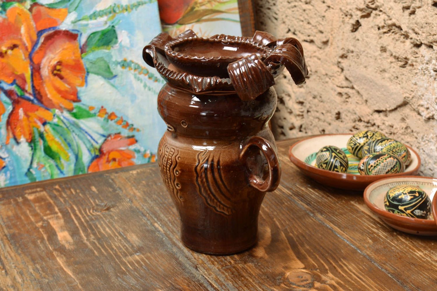 Pot de cuisine en céramique brun couvert de glaçure fait main original 1.3 l photo 1