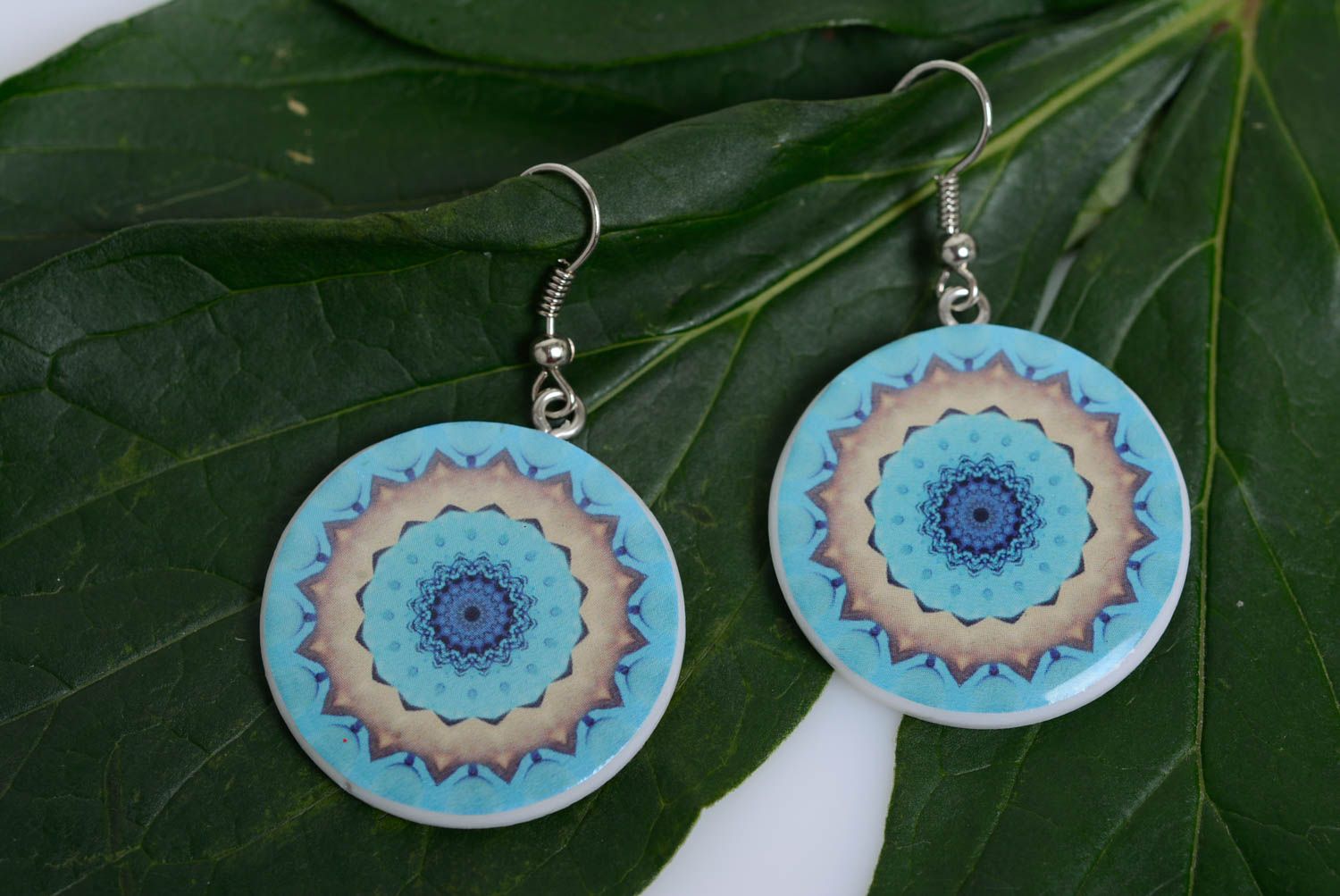 Bright blue handmade decoupage earrings molded of polymer clay with ornament photo 3