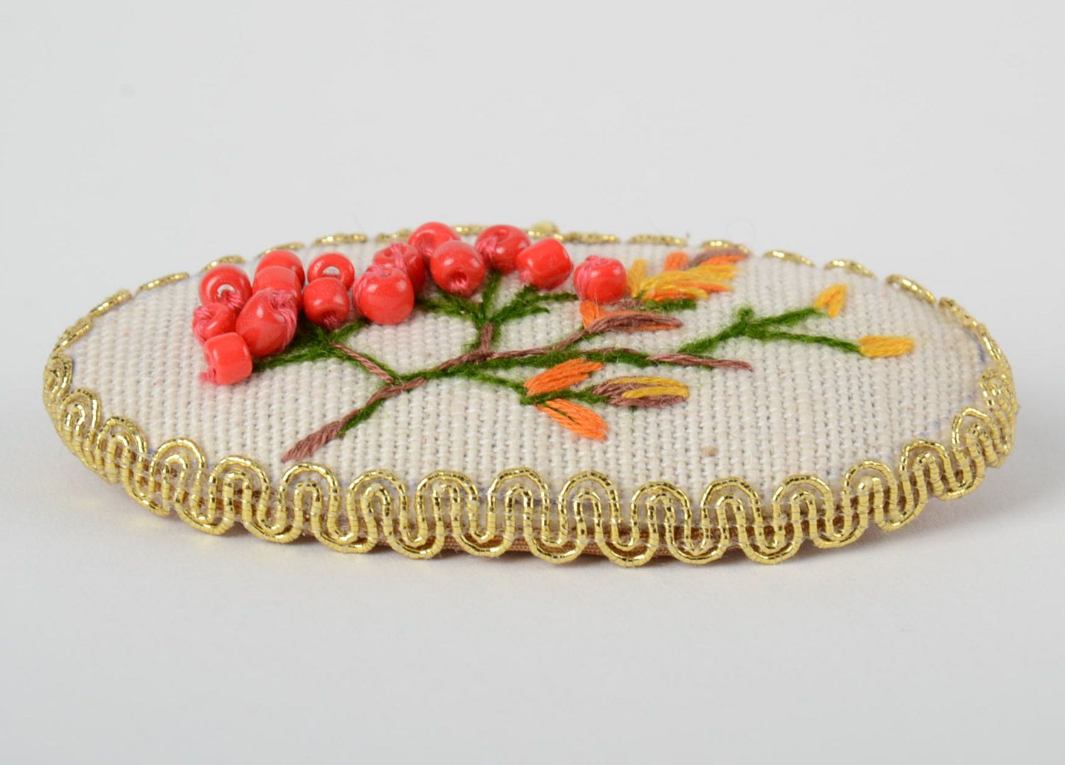 Handmade textile oval brooch with silk threads embroidery  photo 3