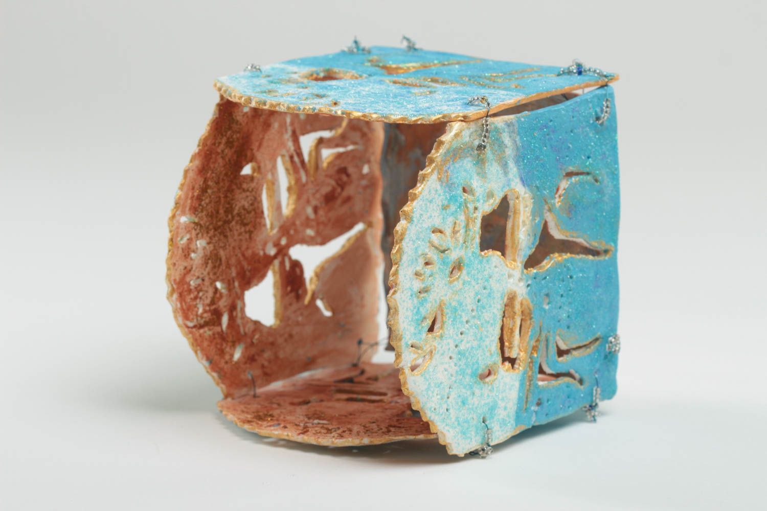 Bougeoir en argile polymère fait main décoratif pour intérieur peint bleu photo 2