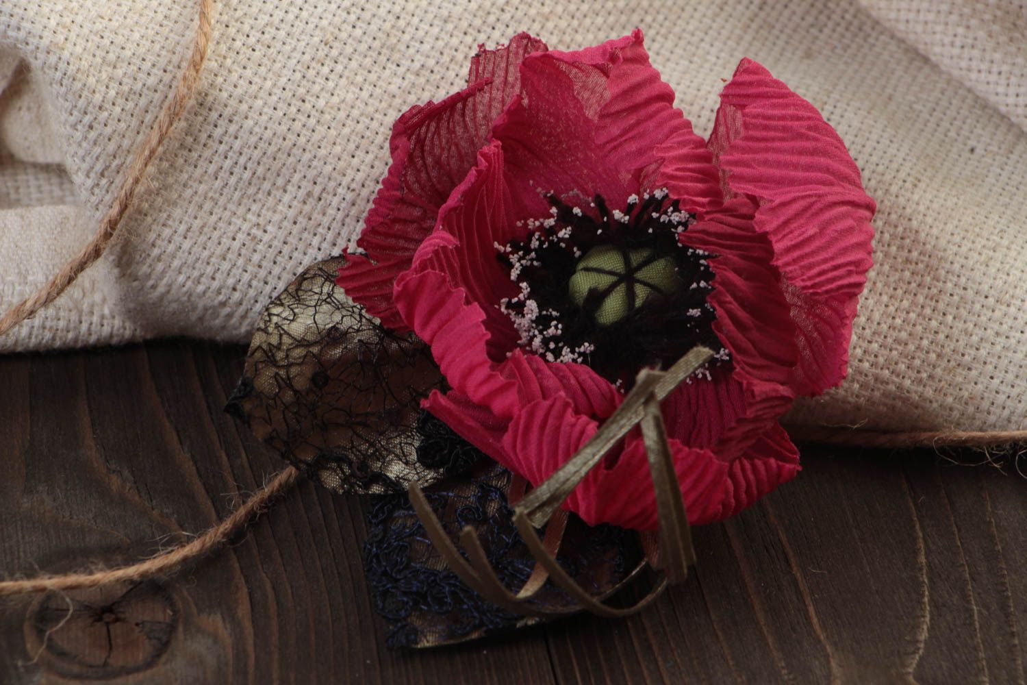 Beautiful handmade designer silk fabric flower brooch hair clip Poppy photo 1