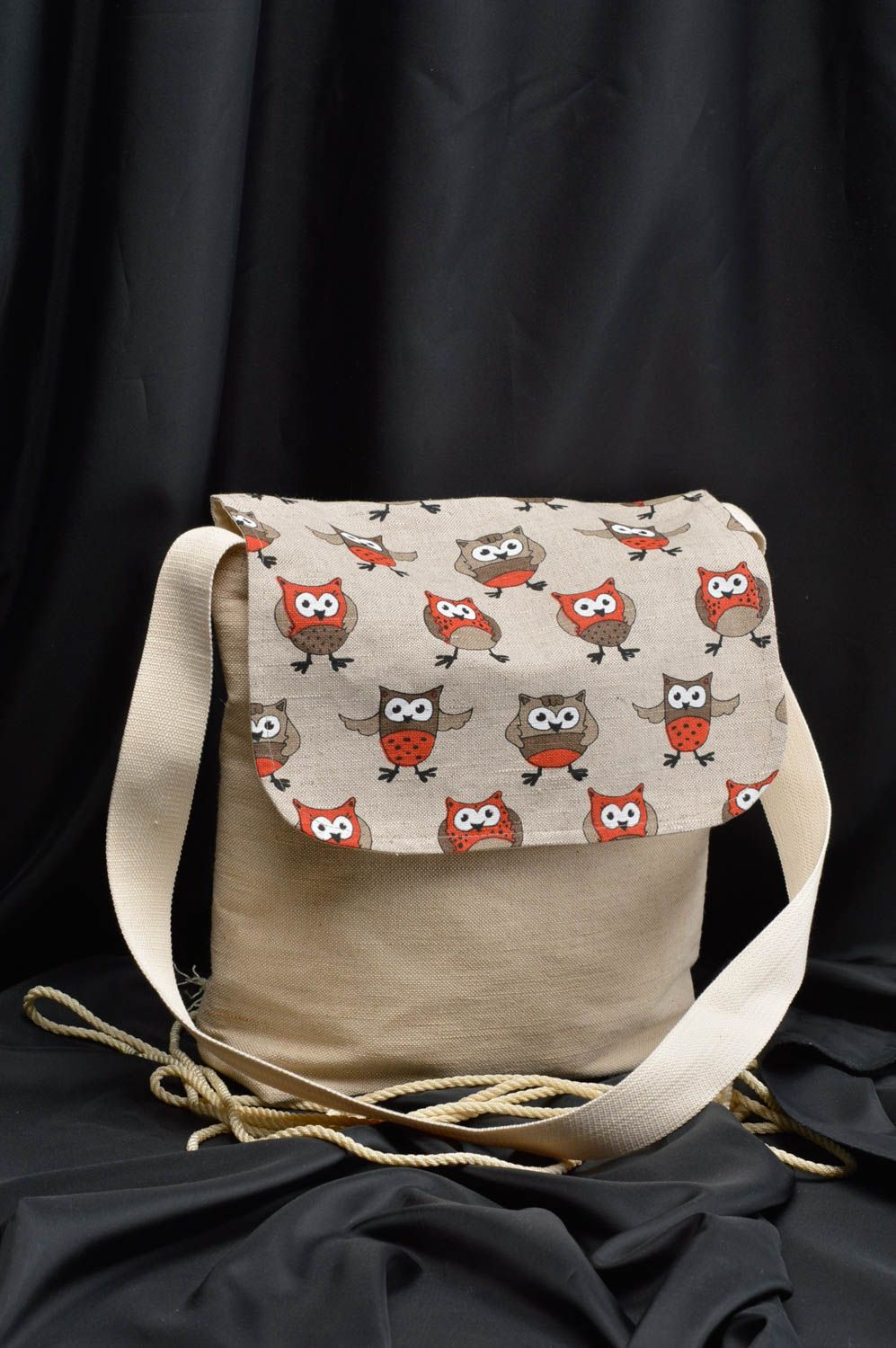 Sac en tissu fait main avec imprimé hiboux en lin et coton accessoire pour femme photo 1