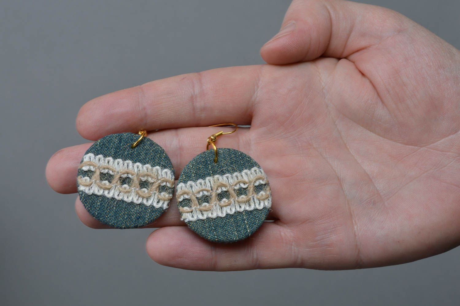 Unusual handmade denim fabric round earrings of small size photo 4