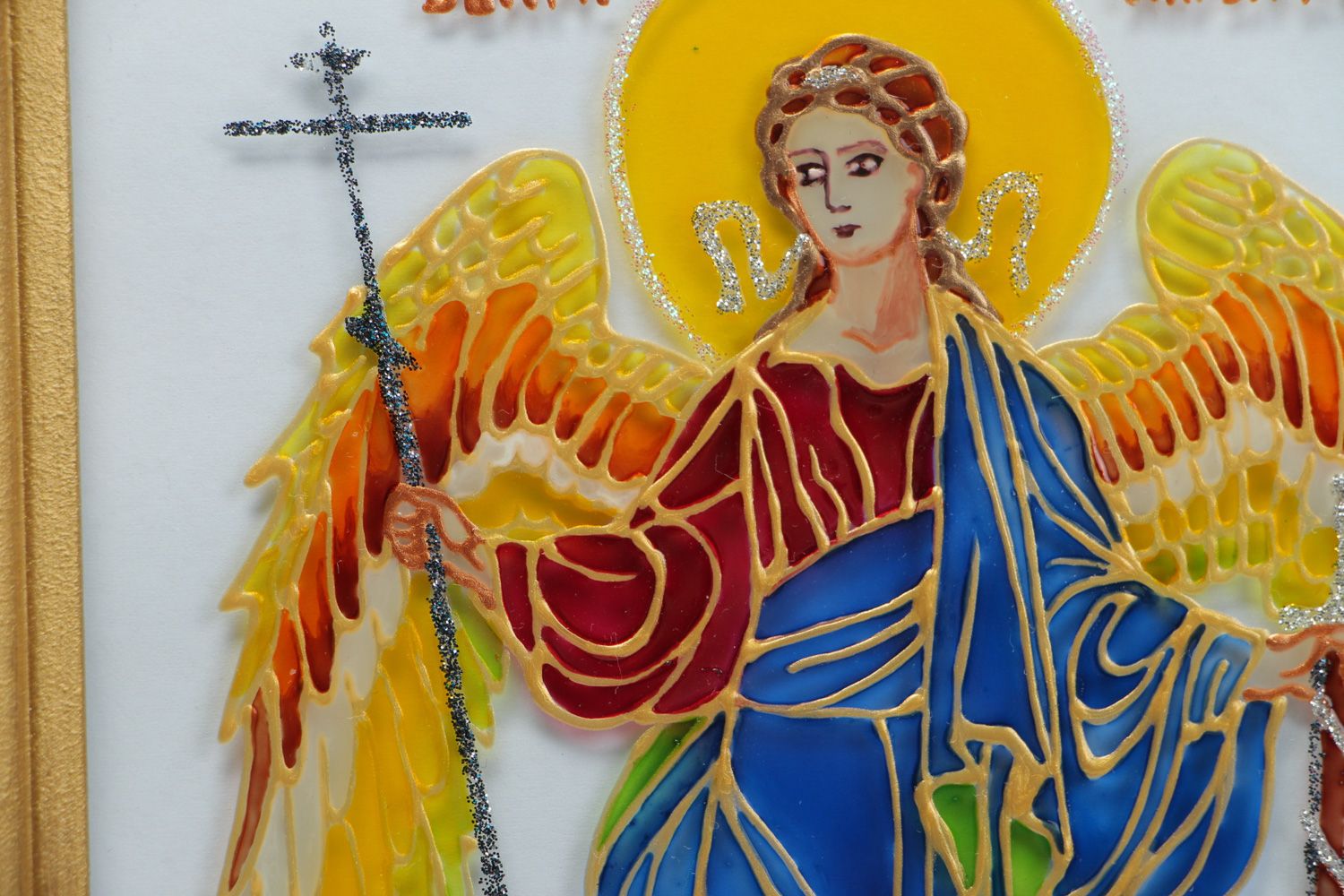 Handmade colorful icon of the Guardian Angel with frame stained glass painting photo 2