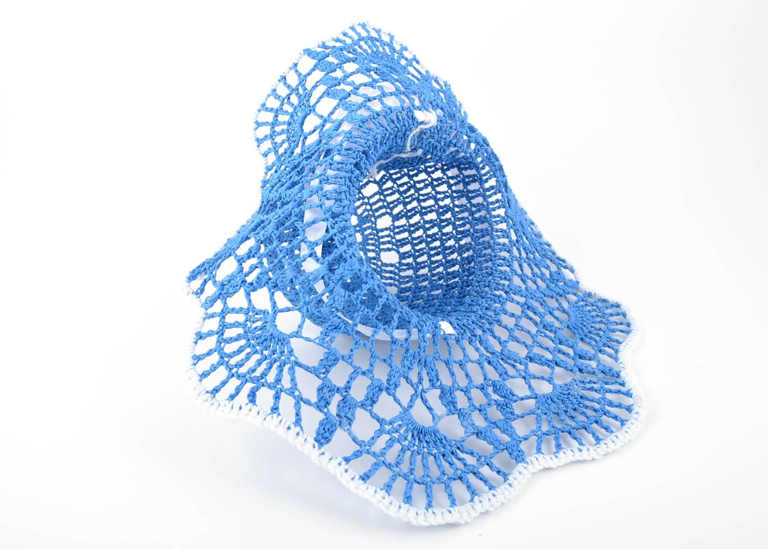 Handmade designer crocheted lacy summer hat blue and white for women photo 5