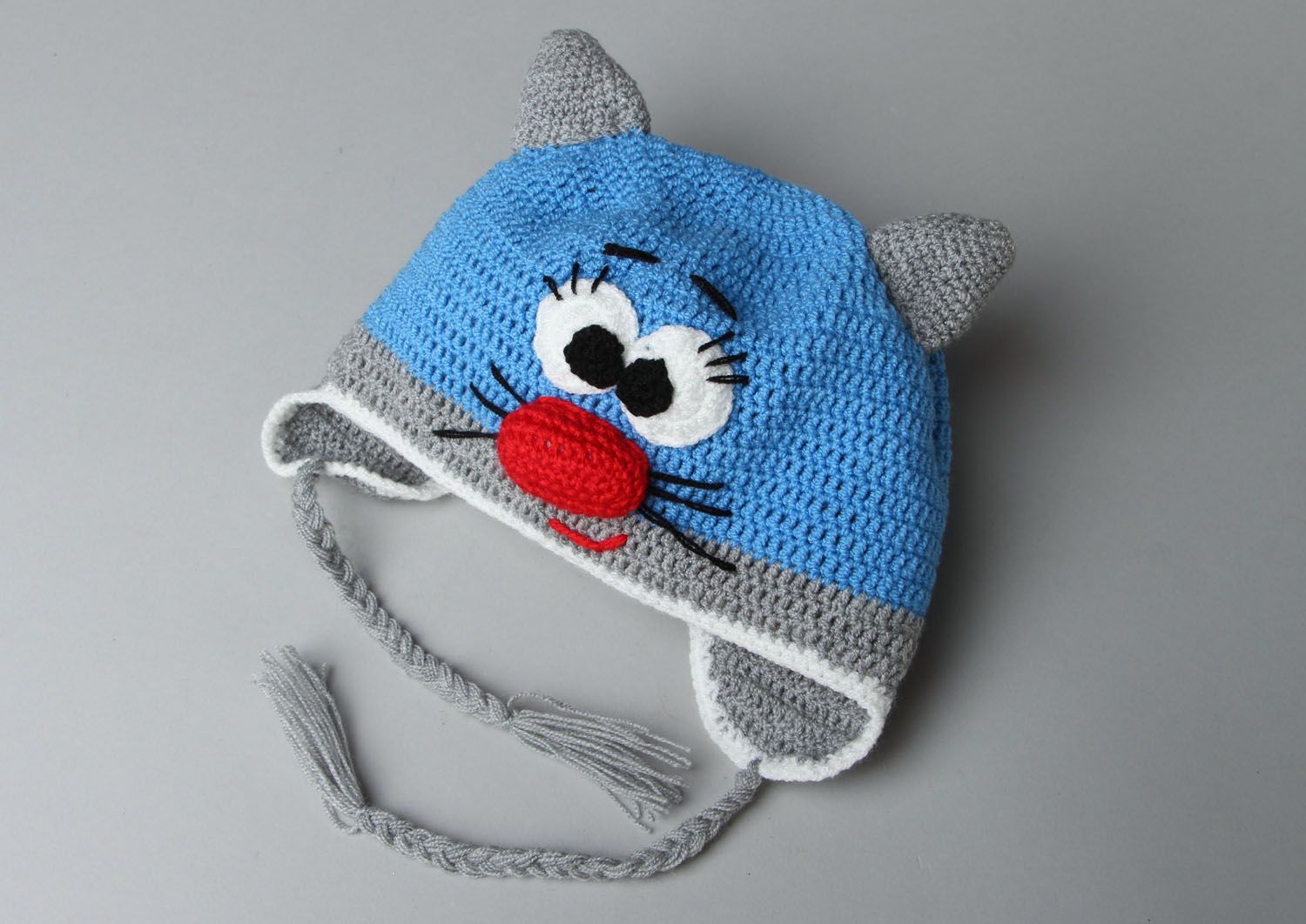 Bonnet chat bleu tricoté à la main photo 1