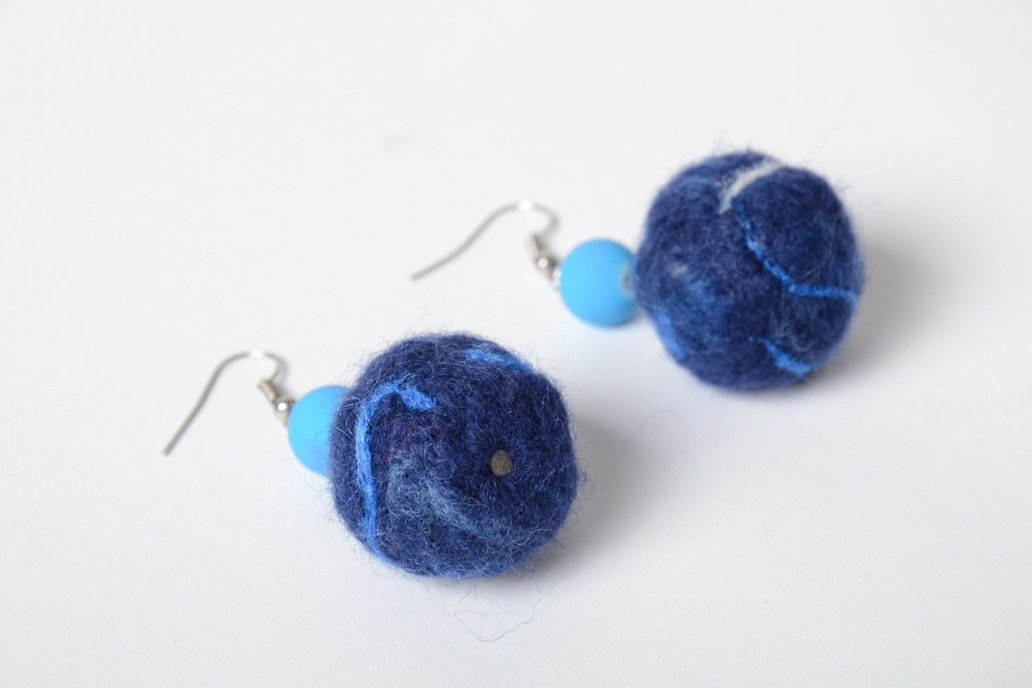 Handmade designer felted wool ball earrings of blue color women's accessory photo 4