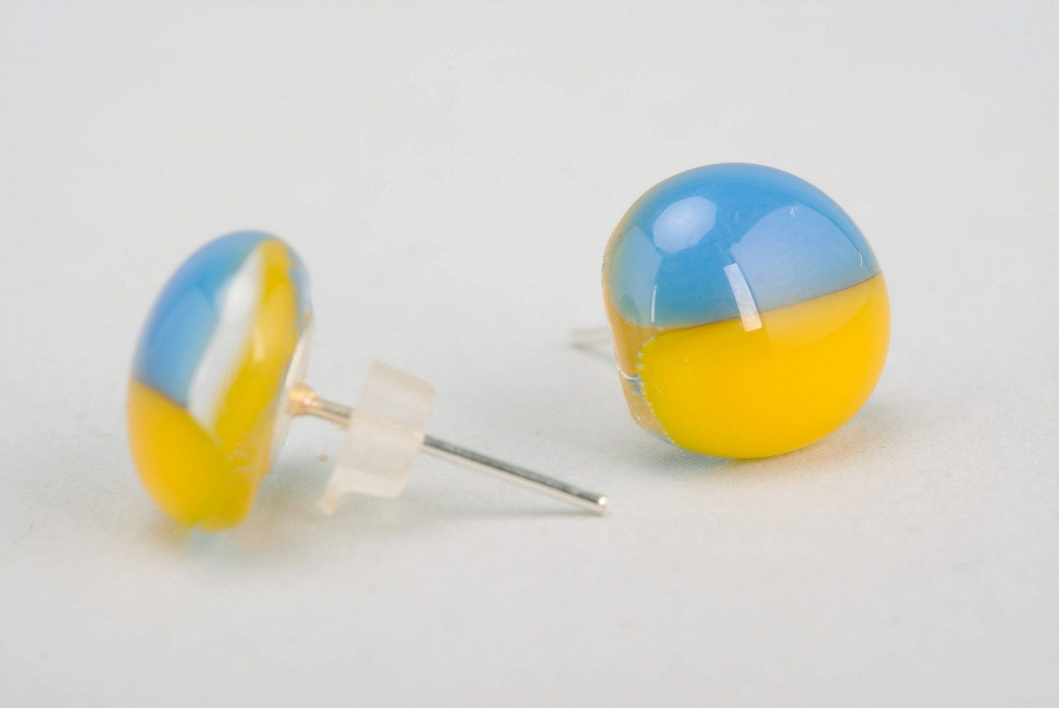 Fused glass stud earrings Ukrainian flag photo 1