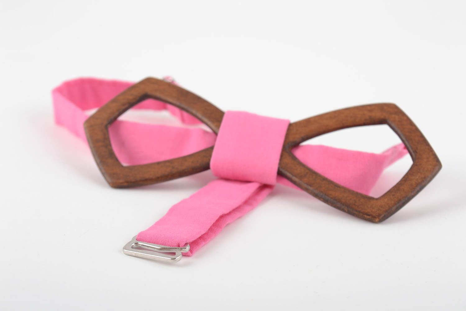 Unusual beautiful handmade designer wooden bow tie with pink insert photo 5