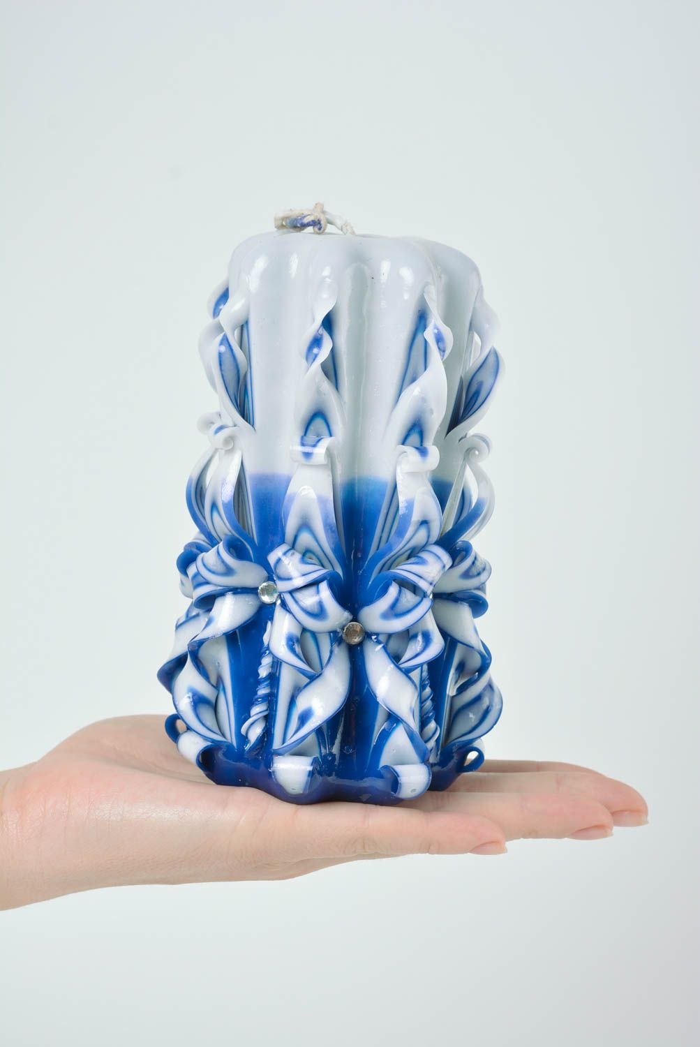 Grosse bougie originale en paraffine sculptée blanc bleu faite main décorative photo 4