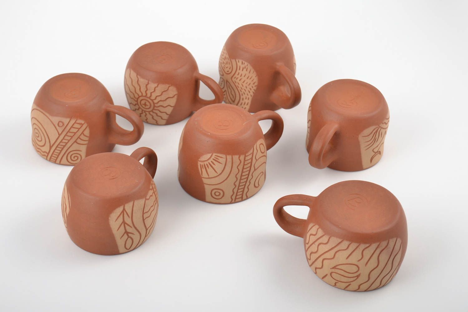 Set of 7 seven clay terracotta color coffee 3, 5, 8 oz cups with mineral engobe pattern photo 4