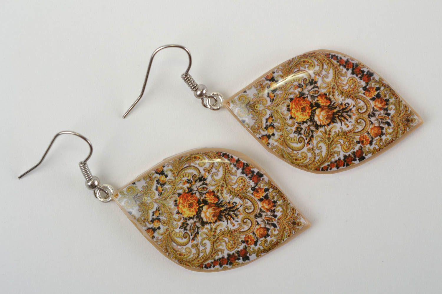 Beautiful handmade designer unusual plastic drop earrings with decoupage photo 3