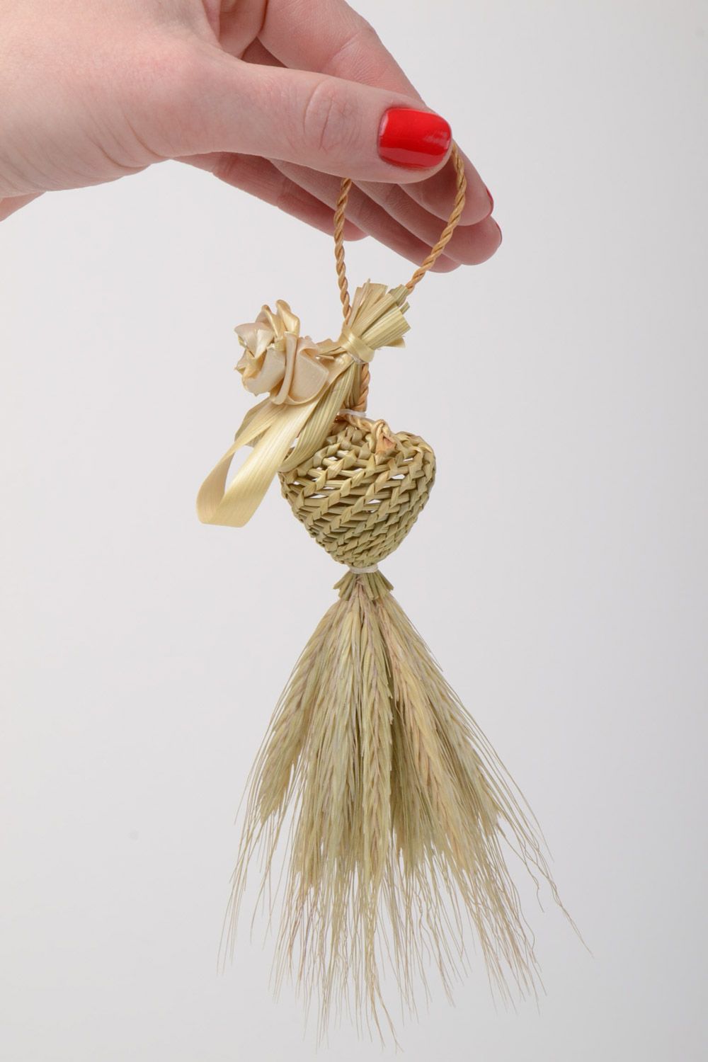 Small ethnic Christmas tree ornament woven of natural straw handmade  photo 5