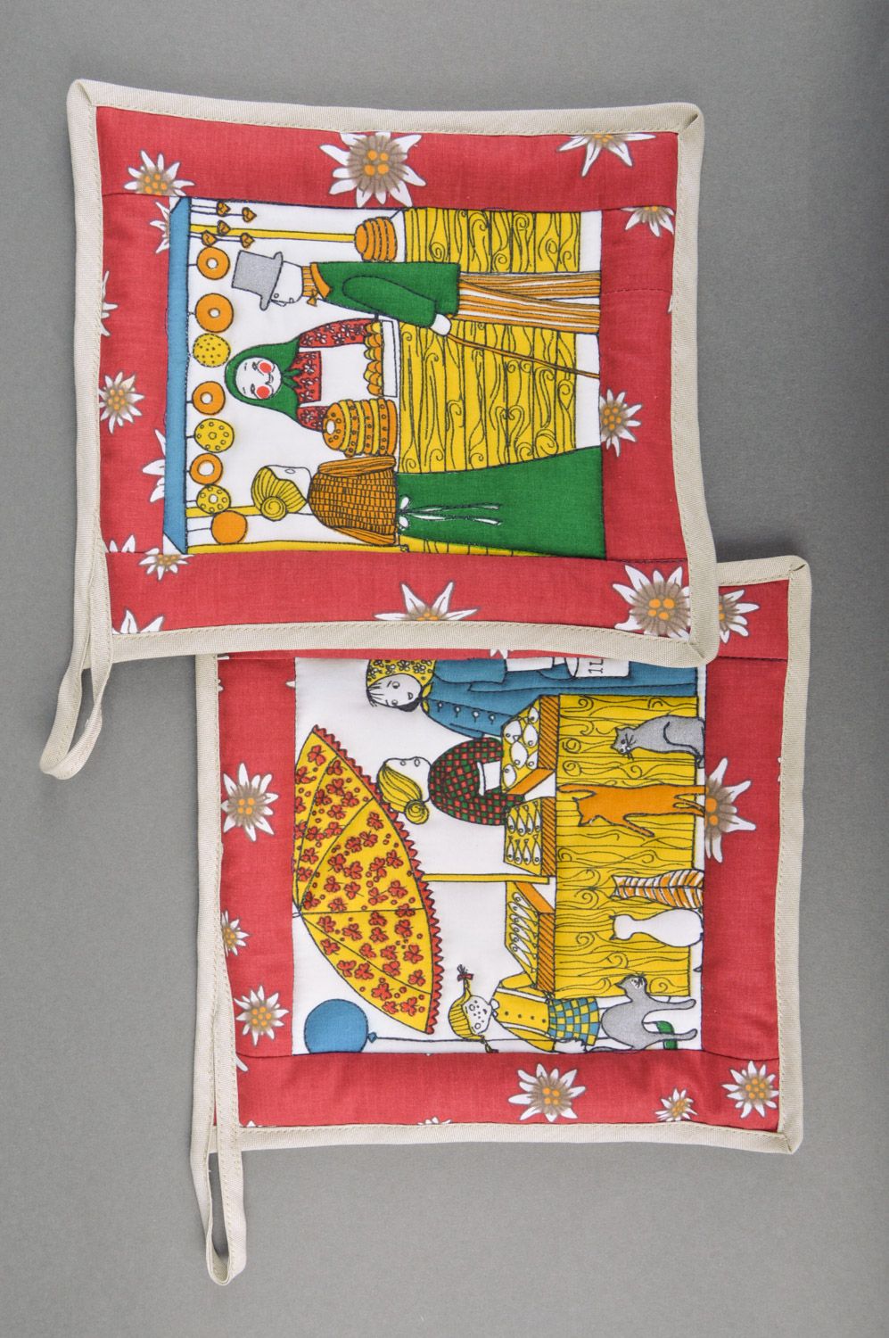 Set of handmade bright colorful kitchen hot pot holders sewn of cotton 2 items photo 4