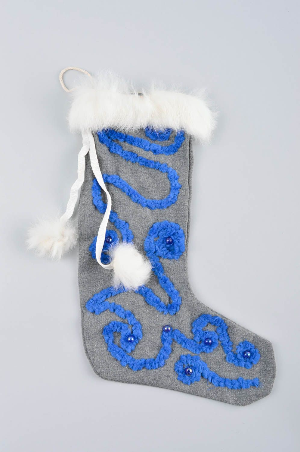 Chaussette Noël faite main Déco Noël fourrure bleu design Déco à suspendre photo 3